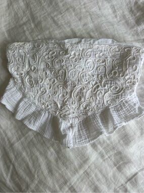American Eagle Outfitters White Embroidered Tube Top with Ruffle Hem